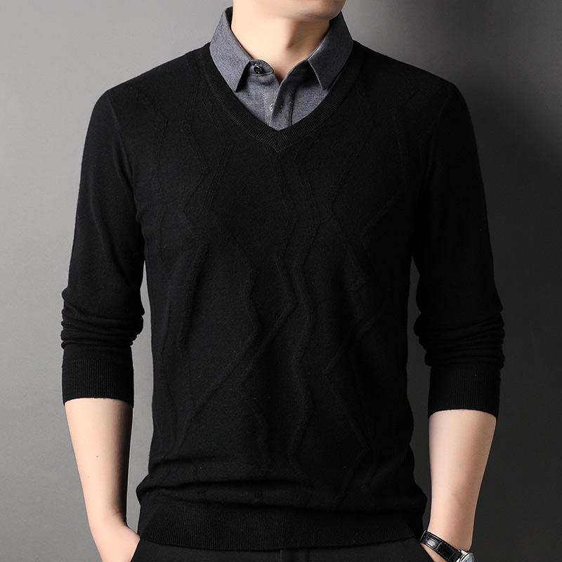 鄂尔多市纯山羊绒衫男衬衫领假两件套春秋薄毛衣男打底衫100%羊绒衫男t恤中年初秋爸爸装薄款衬衫领男士单穿衬衣 6181黑色 180/96
