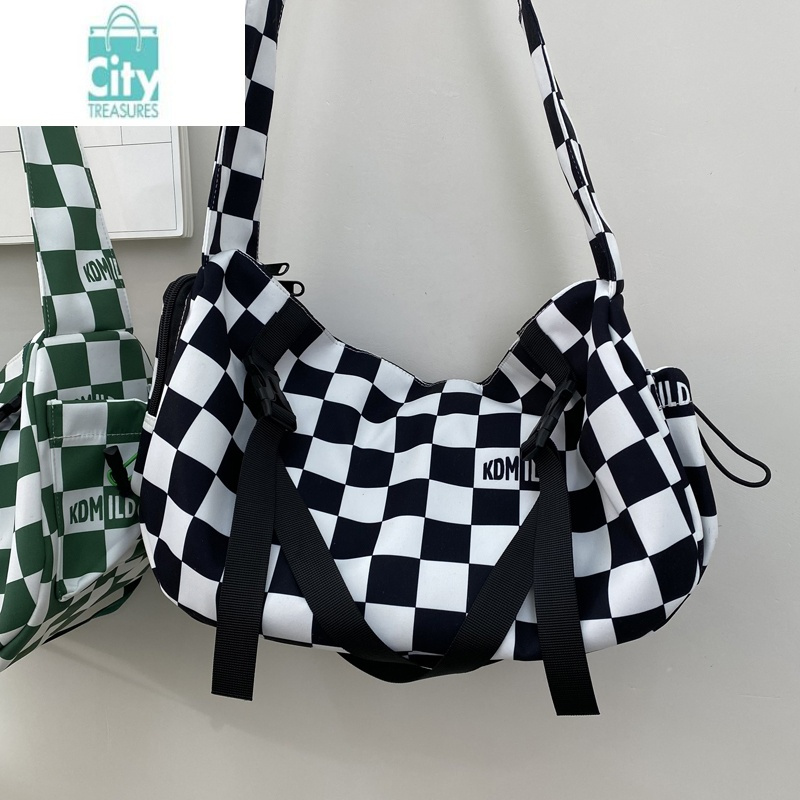 bangdouins风日系原宿大容量邮差包男韩国复古格子包潮流棋盘格斜挎包