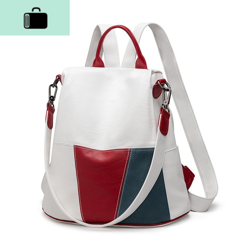 潮牌防盗双肩包女2020年新款时尚百搭皮牛皮休闲软皮女士背包包NEW LAKE 白色