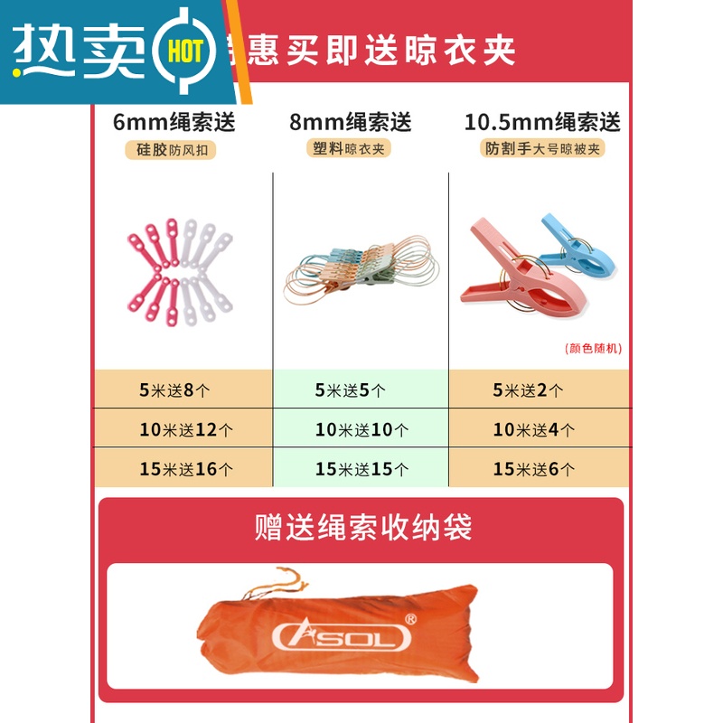 敬平晾衣绳室外晒被子器户外凉衣绳拉紧扣加粗宿舍挂晾晒衣服的绳子 10.5mm黄色橘点5米(赠大号晾被夹2个)高清大图