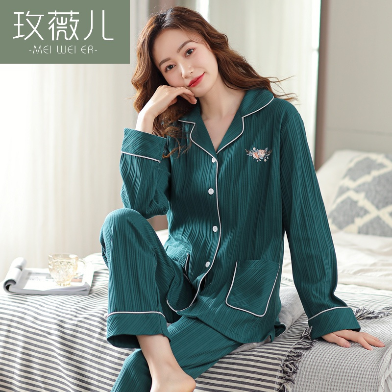 薇儿春秋季女士睡衣纯棉长袖中年妈妈全棉加肥加大码胖mm中老年人套装