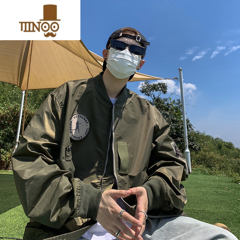 YANXU美式潮牌绿色工装外套男款ins高街潮流宽松棒球服飞行员夹克高清大图
