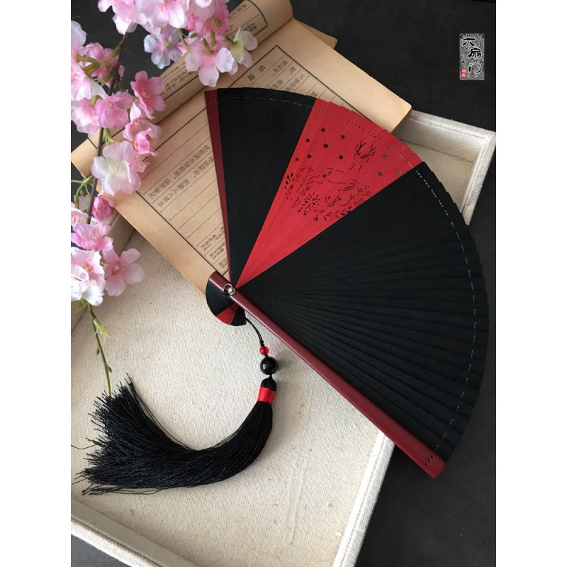 中国风古风和风折扇子小日式全竹工艺扇 纯色红迷你男女妖杨同款 三维工匠 芙蓉黑色18CM+大珠黑配金高清大图