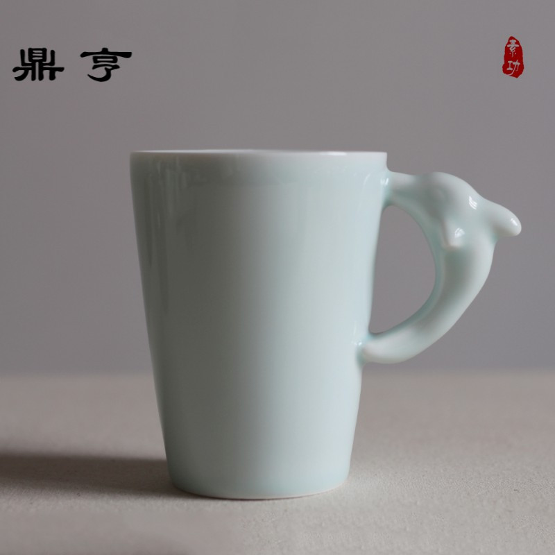 鼎亨创意个性小海豚马克杯青釉带盖勺陶瓷杯简约情侣杯咖啡杯茶杯