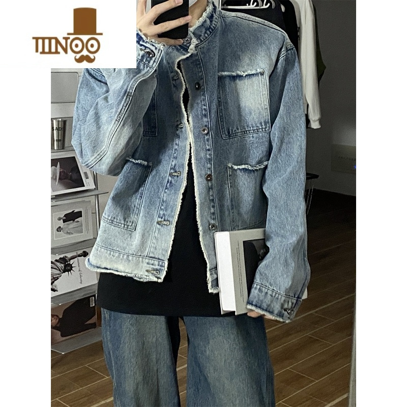 yanxu痞帅小众设计感毛边牛仔外套男水洗渐变ins复古宽松夹克潮牌新款