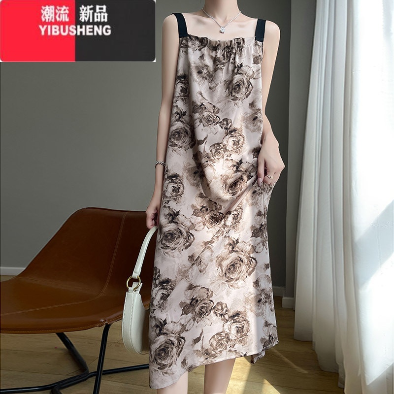 YIBUSHENG2024季新款吊带连衣裙女宽松无袖气质波点显瘦长裙复古豹纹裙子 淡雅玫瑰 L