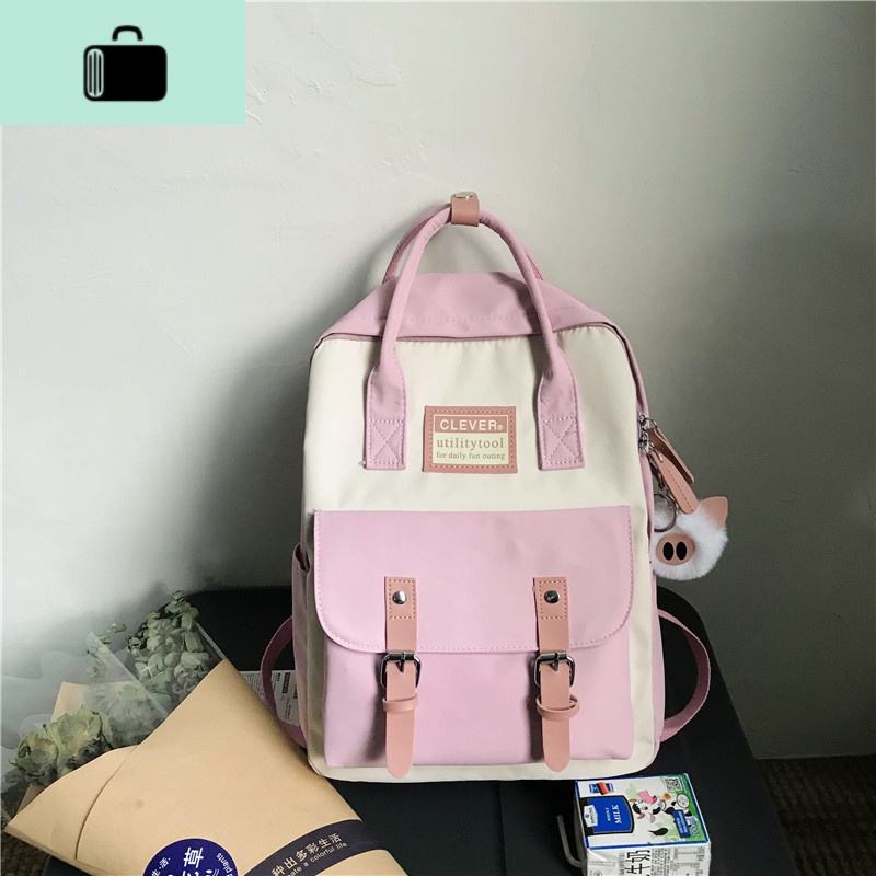 2020年新款双肩包韩版简约百搭手提背包可装14寸电脑大学生书包女NEWLAKE 粉色+小猪挂件可放14寸笔记本