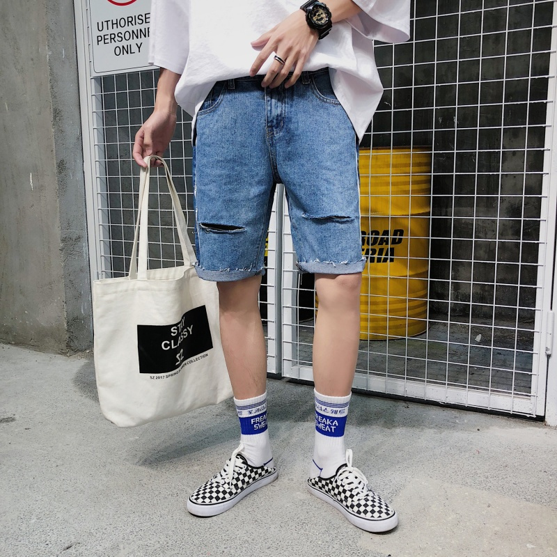 夏款韩版潮男时尚白条边串标字母毛边破洞牛仔裤男宽松直筒五分裤