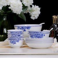 金禹瑞美(REMEC)套装 釉中彩骨瓷 22头富贵牡丹青花餐具套装 碗盘碟套装 礼品彩盒 乔迁餐具 陶瓷餐具