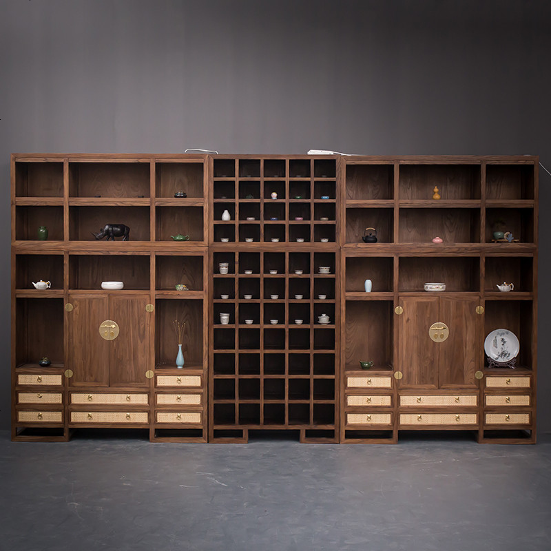 新中式老榆木展柜书柜组合茶叶展示柜禅意实木黑胡桃木茶室陈列柜视频