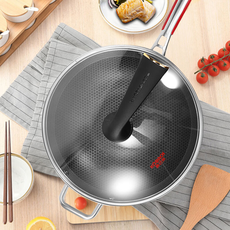 康巴赫(KBH)第五代炒锅不粘锅抗菌不锈钢蜂窝锅少油烟双面纹炒菜锅电磁炉通用高清大图