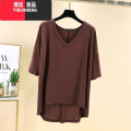 YIBUSHENG莫代尔v领五分袖T恤女新款薄款外穿宽松大码短袖上衣中袖打底分 XL140-160斤 深咖色