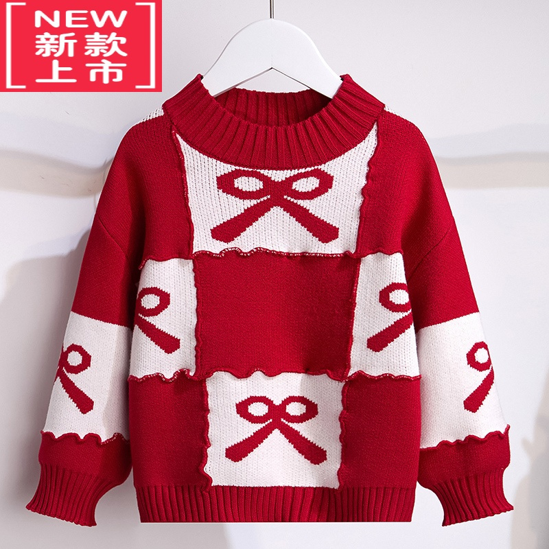 可莉允女童圣诞毛衣秋冬2022洋气女孩红白格纹新年上衣中大儿童针织衫潮