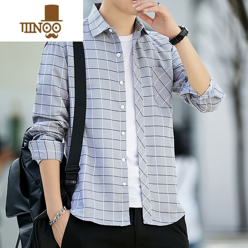 yanxu男士休闲衬衣男夏天韩版宽松复古街头格子薄款蓝色长袖衬衫潮寸