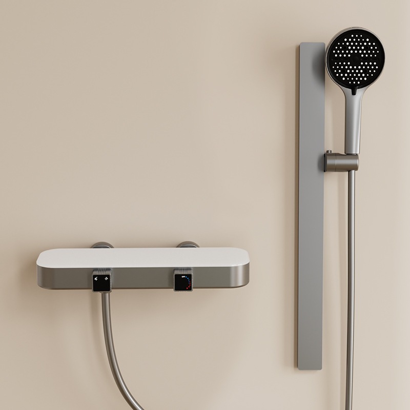 汉德斯科淋浴花洒套装沐浴器高端全铜瀑布增压花洒淋浴家用浴室淋雨喷头旋钮调温大置物 B枪灰-简易款-包安装