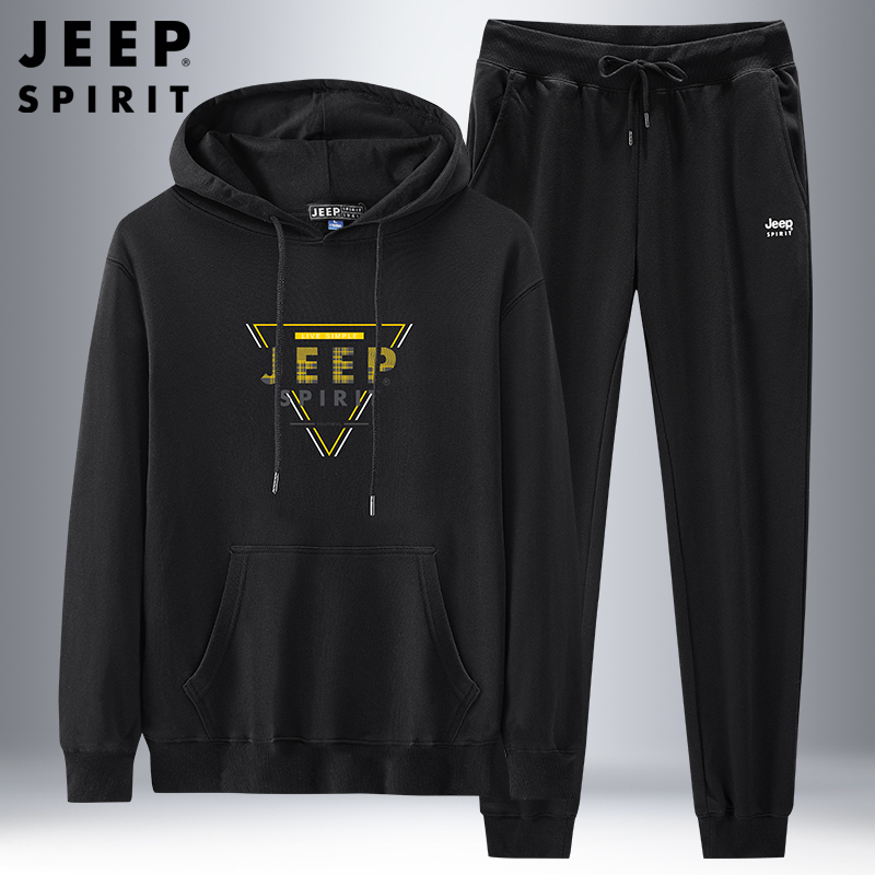 JEEP SPIRIT吉普2022春秋新款休闲运动套装男士连帽卫衣松紧长裤2件套弹力舒适棉跑步服