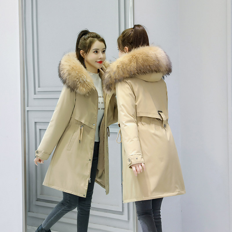女派克服秋冬新款羽绒棉衣修身女式大毛领连帽棉服女外套 白色 XXL