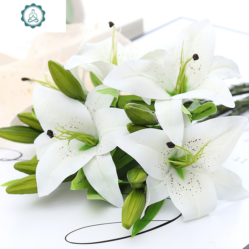 百合仿真花单支手感花束绢花客厅桌面电视柜装饰假花插花摆件封后金黄