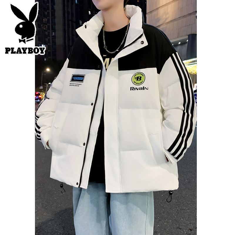 花花公子新款白鸭绒立领外套潮款拼接撞色羽绒服阔版保暖高清大图