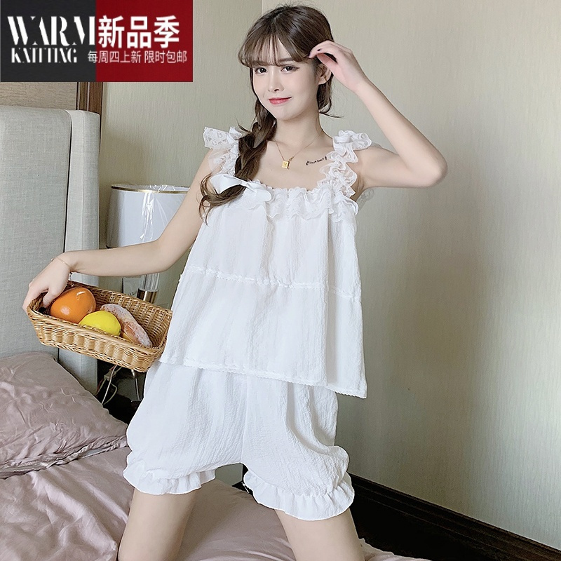 shanchao纯欲风睡衣女夏季薄款网纱休闲可爱背心吊带家居服套装可外穿