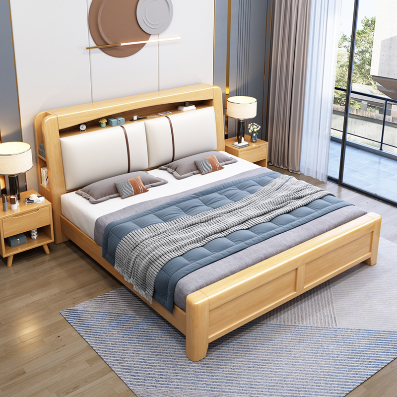百冠环球实木床现代简约橡木大床北欧小户型卧室夜灯储物双人床