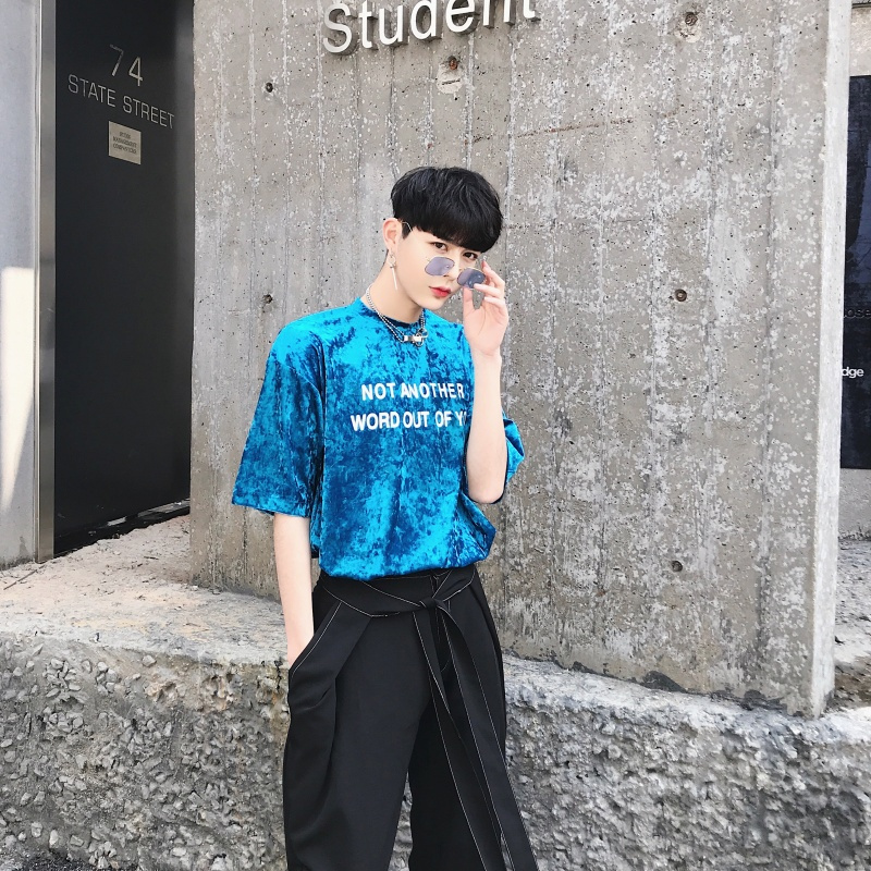 上个性的潮牌印花圆领短袖T恤夏季街头bf风宽松潮男夜店dj服装