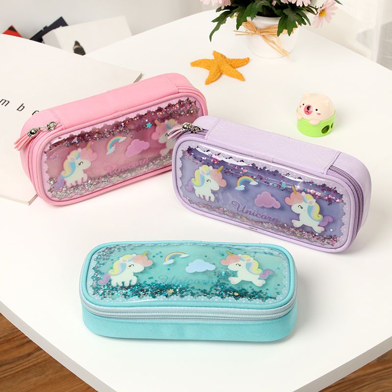 韩国少女心流沙笔袋女抖音网红独角兽马创意文具盒大容量中小学生