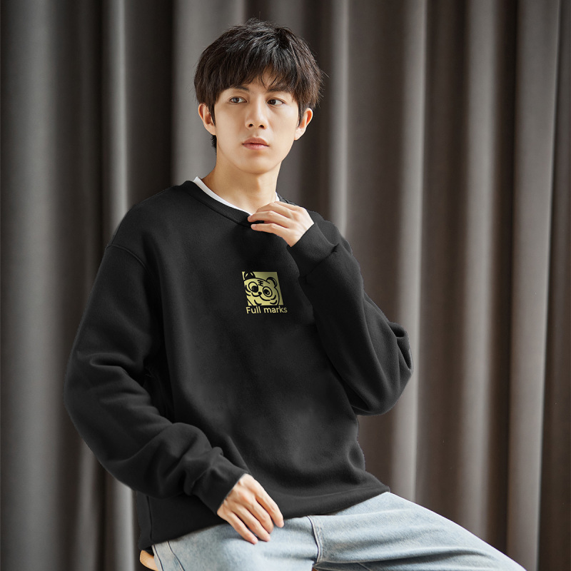 [1.5折价57元]唐狮秋冬新款加绒卫衣男士圆领套头无帽衫前胸印花图案上衣Wp