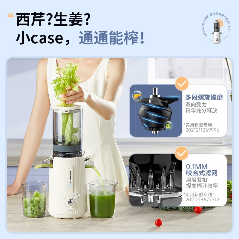 蓝宝(BLAUPUNKT)大口径原汁机汁渣分离家用便携果蔬多功能鲜榨炸小型水果冷榨果汁机 【慕白色】YJ01
