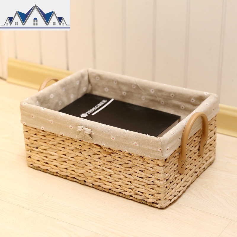 田园编收纳筐居家杂物盒子编织布艺整理箱桌面零食筐手提收纳篮 三维工匠 米白色（大号）