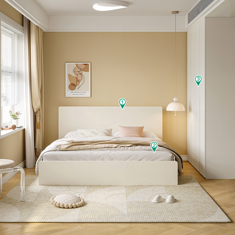 温馨奶油风卧室双人床加高衣柜组合套装高清大图