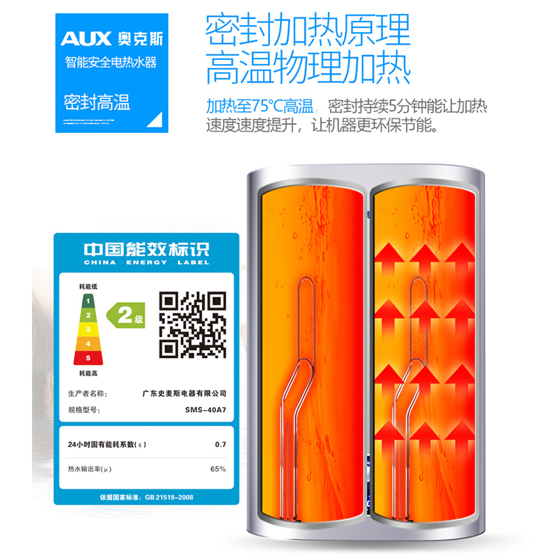 奥克斯(AUX)SMS-50A7电热水器 50升立式扁桶纤薄竖挂双胆储水式热水器速热旋钮空间款2级能效3000W带安装