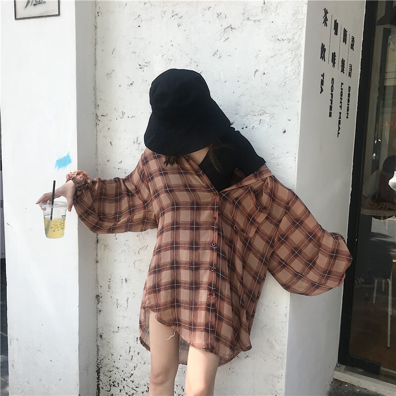 夏季韩国复古宽松雪纺格子中长款长袖防晒衣女薄款衬衫潮上衣咖色均码