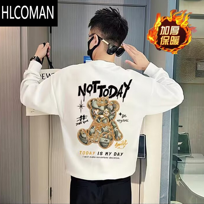 HLCOMAN欧洲站潮牌T恤新款卫衣男网红修身小熊印花上衣长袖男欧货