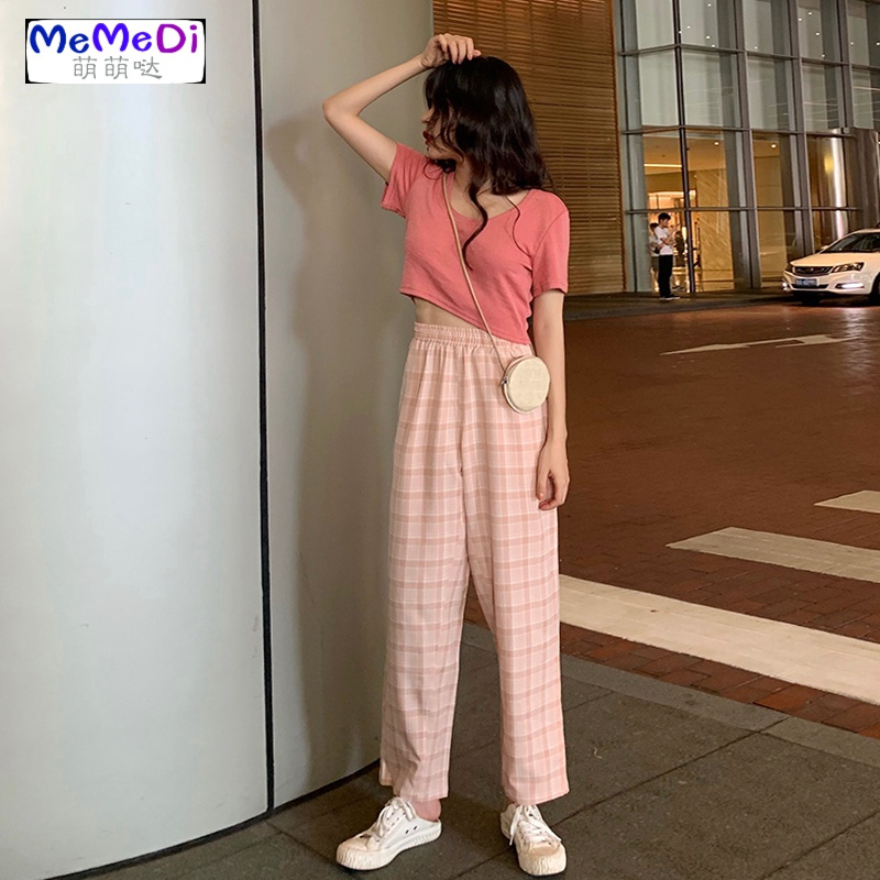 2020春季新款韩版百搭高腰直筒长裤显瘦复古九分裤格子休闲裤女潮