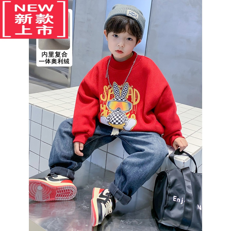 可莉允男童冬装拜年服儿童加绒毛衣2023兔年本命年衣服冬季毛衣加厚红色