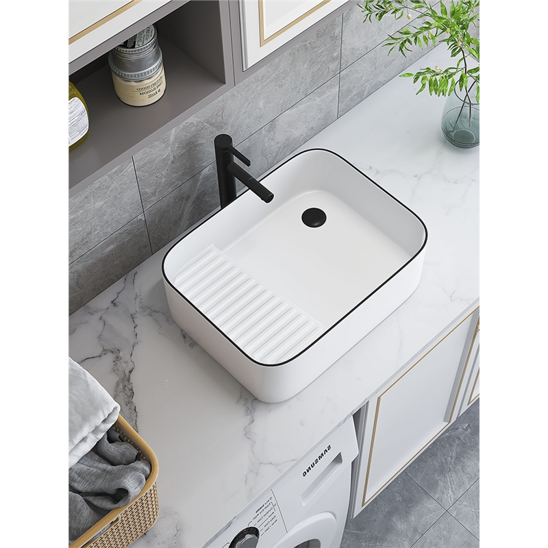 藤印象陶瓷阳台台上盆洗衣盆侧边左右侧排下水带搓衣板台盆洗手单盆池