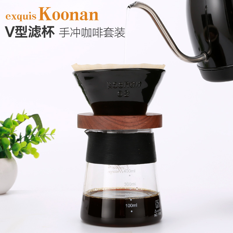 V02陶瓷滤杯(白色)+玻璃分享壶(400ml)_送滤纸40枚|手冲咖啡壶套装家用陶瓷咖啡滤杯器具分享壶滴漏式过滤杯K6