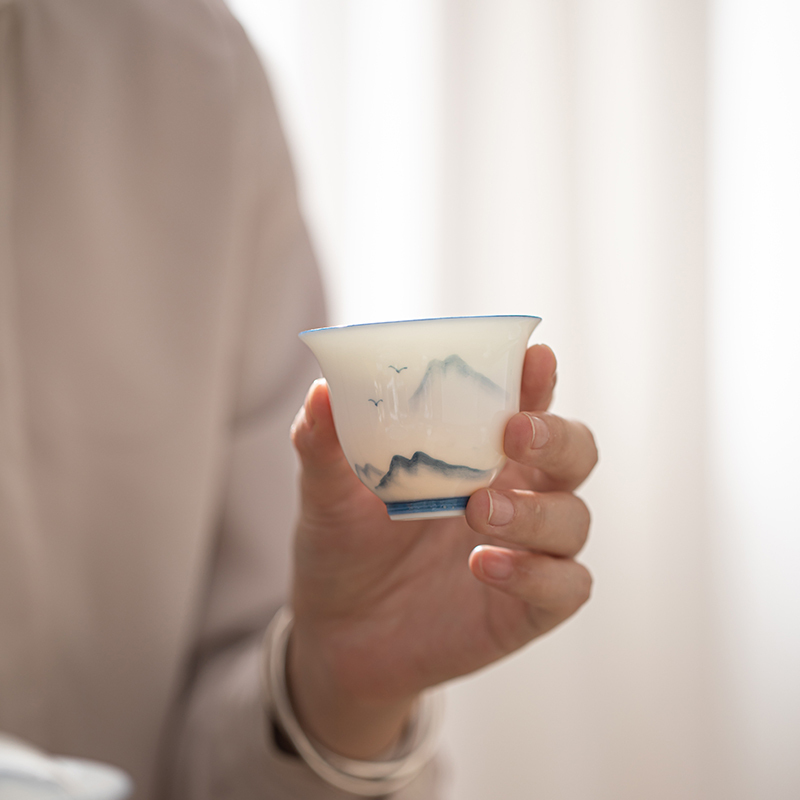 苏氏陶瓷(SUSHI CERAMICS)手绘画江山羊脂玉瓷盖碗套组非遗老师苏爱珍作品
