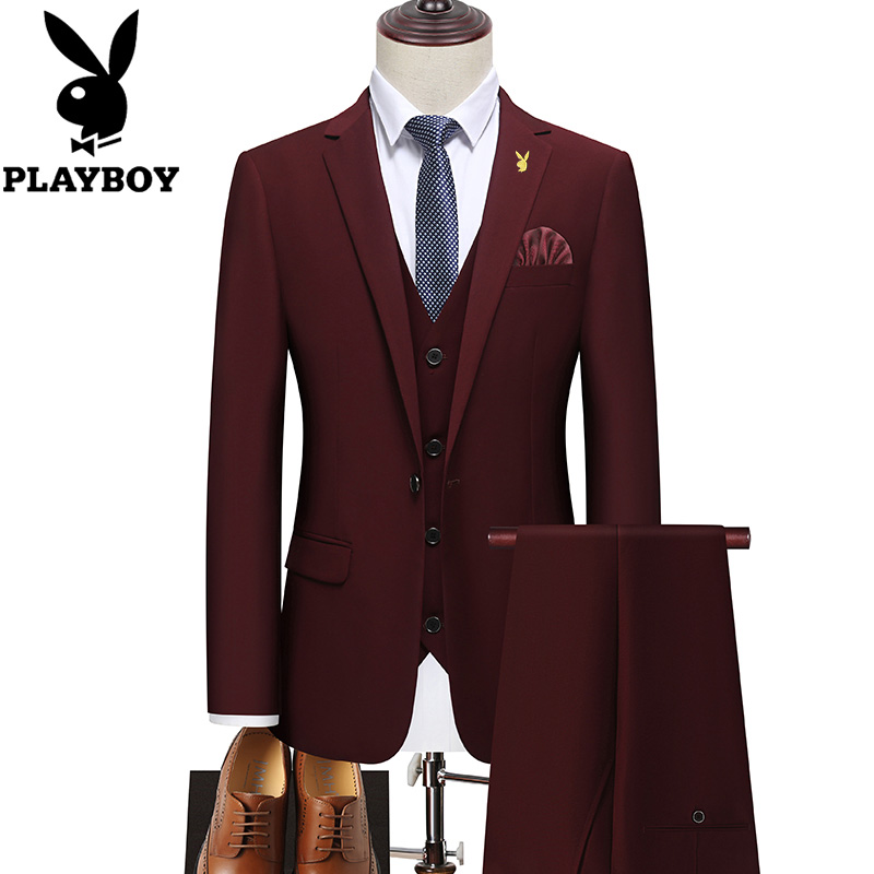 花花公子西服套装男士三件套修身商务正装西装伴郎新郎结婚礼服男 三件套87881(西服西裤马甲10件套)紫红色 4XL