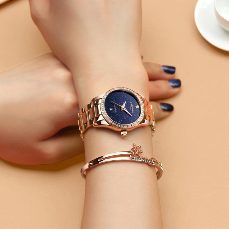 正品嘉年华Carnival手表新款女士全自动机械表 女款镶钻镂空简约款防水时尚潮流女表星空表盘8011L高清大图