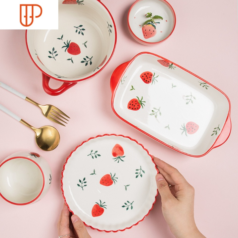草莓少女心陶瓷盘子菜盘家用 可爱创意网红餐具饭碗碗