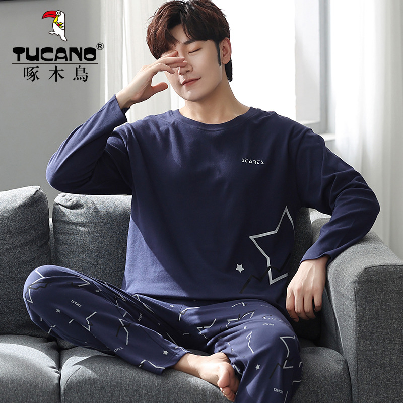 啄木鸟2025年新款男士家居服春秋季舒适纯棉长袖长裤冬夏天睡衣新高清大图