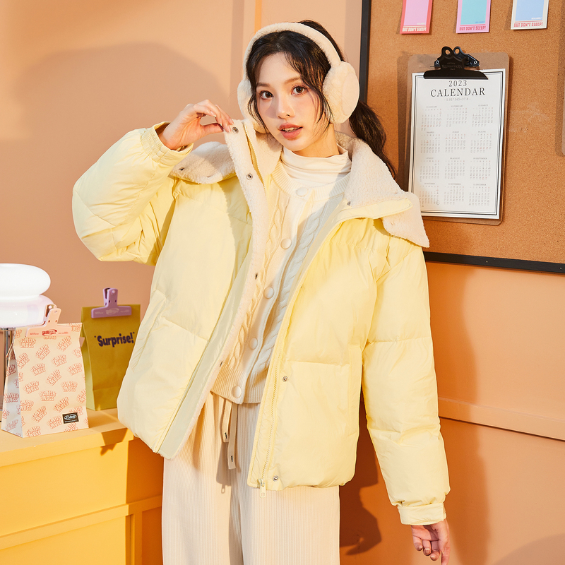 唐狮短款棉服女冬季新款仿羊羔毛拼接棉衣超好看棉袄外套K 奶黄 L