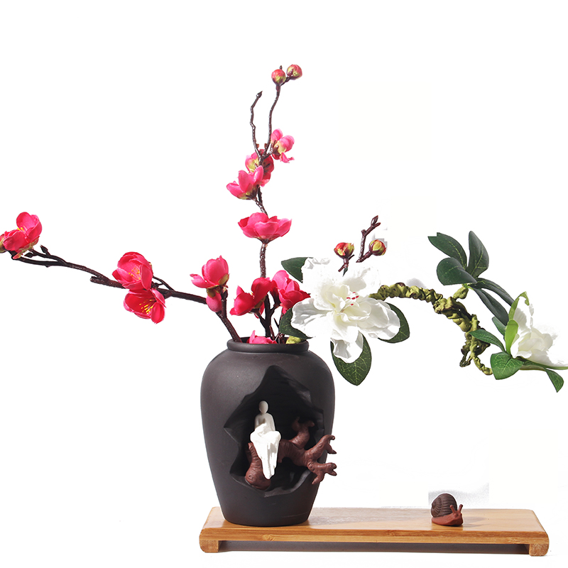北欧简约中式禅意花器陶瓷干花插花客厅桌面装饰小花瓶工艺品摆件 三维工匠 水培花器8(木架+仿真花+蜗牛) 中等高清大图
