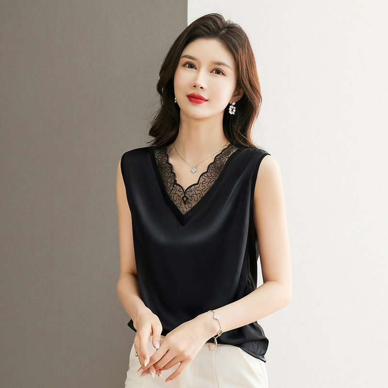 蕾丝v领仿真丝吊带背心女夏季大码缎面打底衫西装内搭无袖上衣