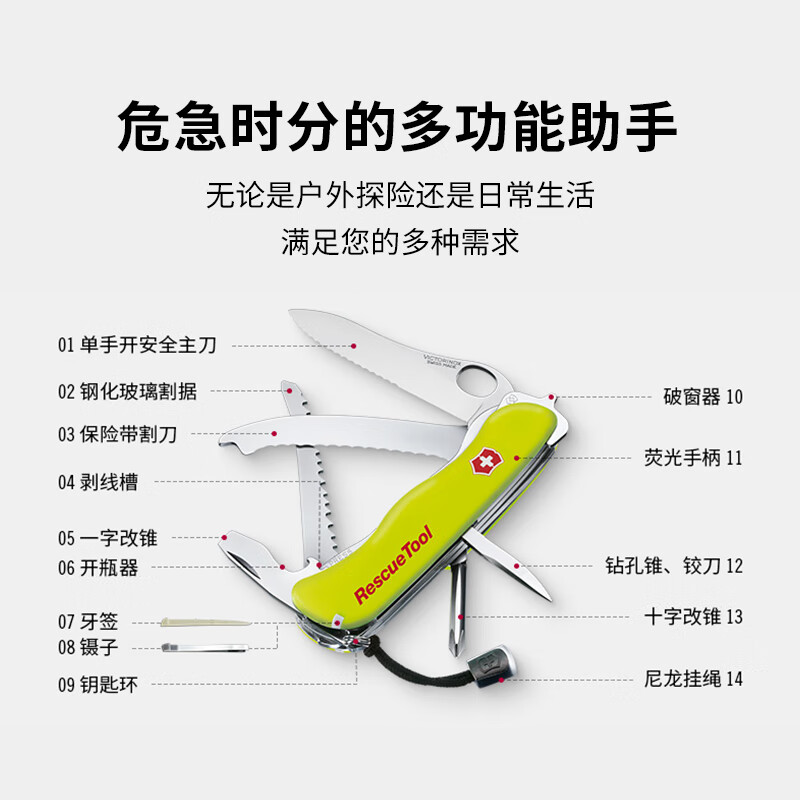 维氏(VICTORINOX)瑞士军刀救援工具随车宝户外刀多功能刀随身折叠刀破窗器军士刀 荧光黄色 0.8623.MWN高清大图