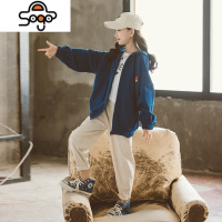 女童连帽外套2022春秋新款韩版条纹卡通宽松休闲网红外套中大童装 七色王国