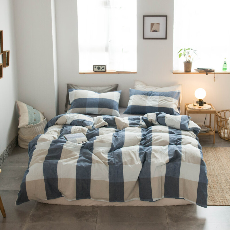 無印良品 A类全棉床上四件套 蓝大格200*230(±2)cm 四件套MJ-T2024-0285