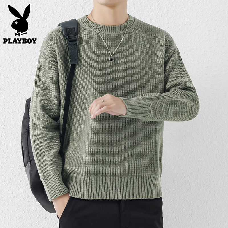 花花公子圆领毛衣男士针织衫潮流绿色内搭上衣秋冬季宽松打底线衣 Y3518绿色 S推荐90-110斤